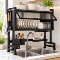Escurridor de platos acero inoxidable 65 cm con tapa sobre lavaplatos, incluye tabla, cuchillo y pelador - imagen 3