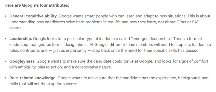 Google's Four Attributes mentioned in Google's Interview Guide