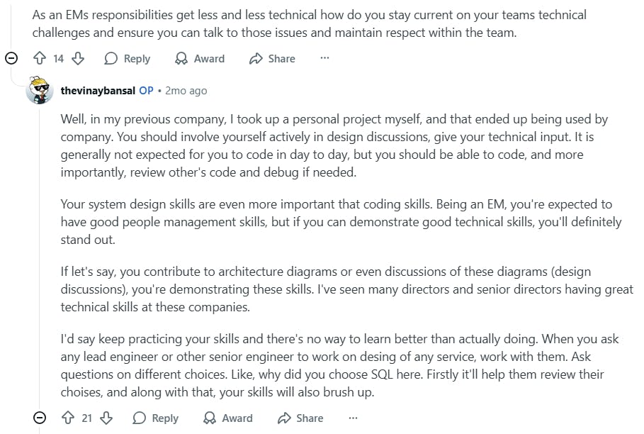 Vinay Bansal (Google EM) weighing in on coding vs code reviewing vs system design expectations for Google EMs