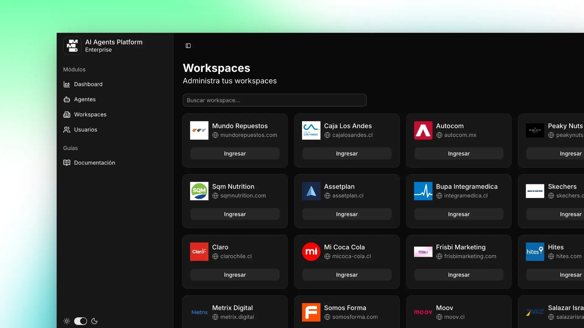 Directorio de workspaces de la plataforma, uno por cada negocio de la empresa