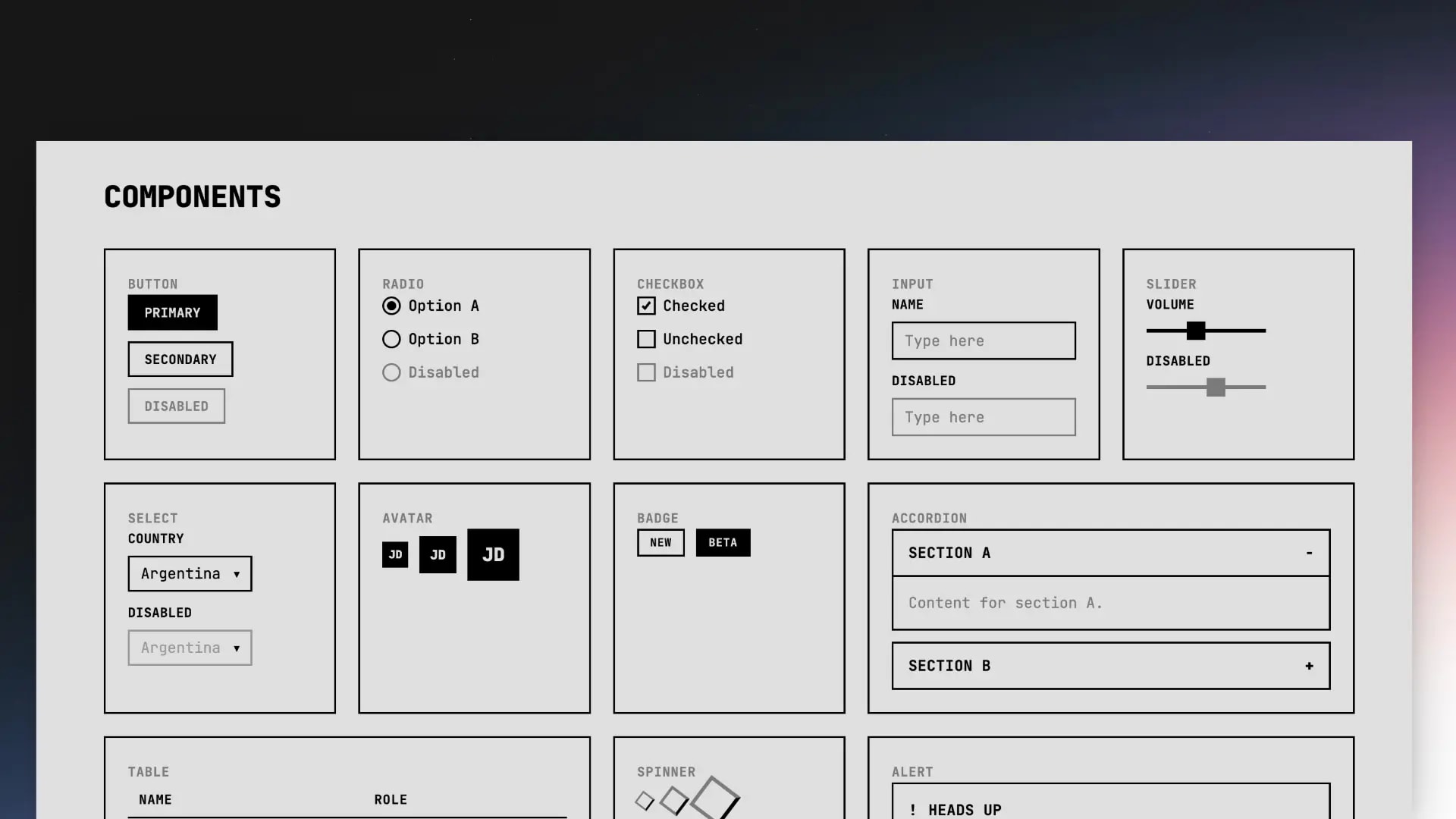 Catálogo de componentes: button, radio, checkbox, input, slider, select, avatar, badge, accordion y más