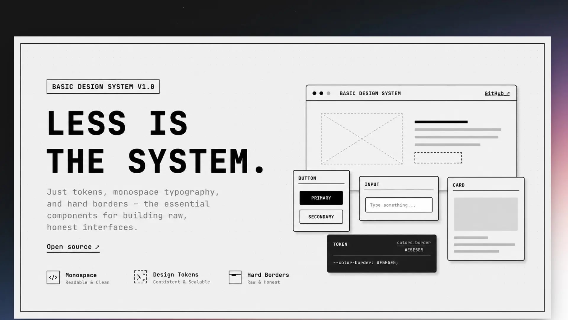 Portada de la librería con el lema Less is the system y componentes de muestra