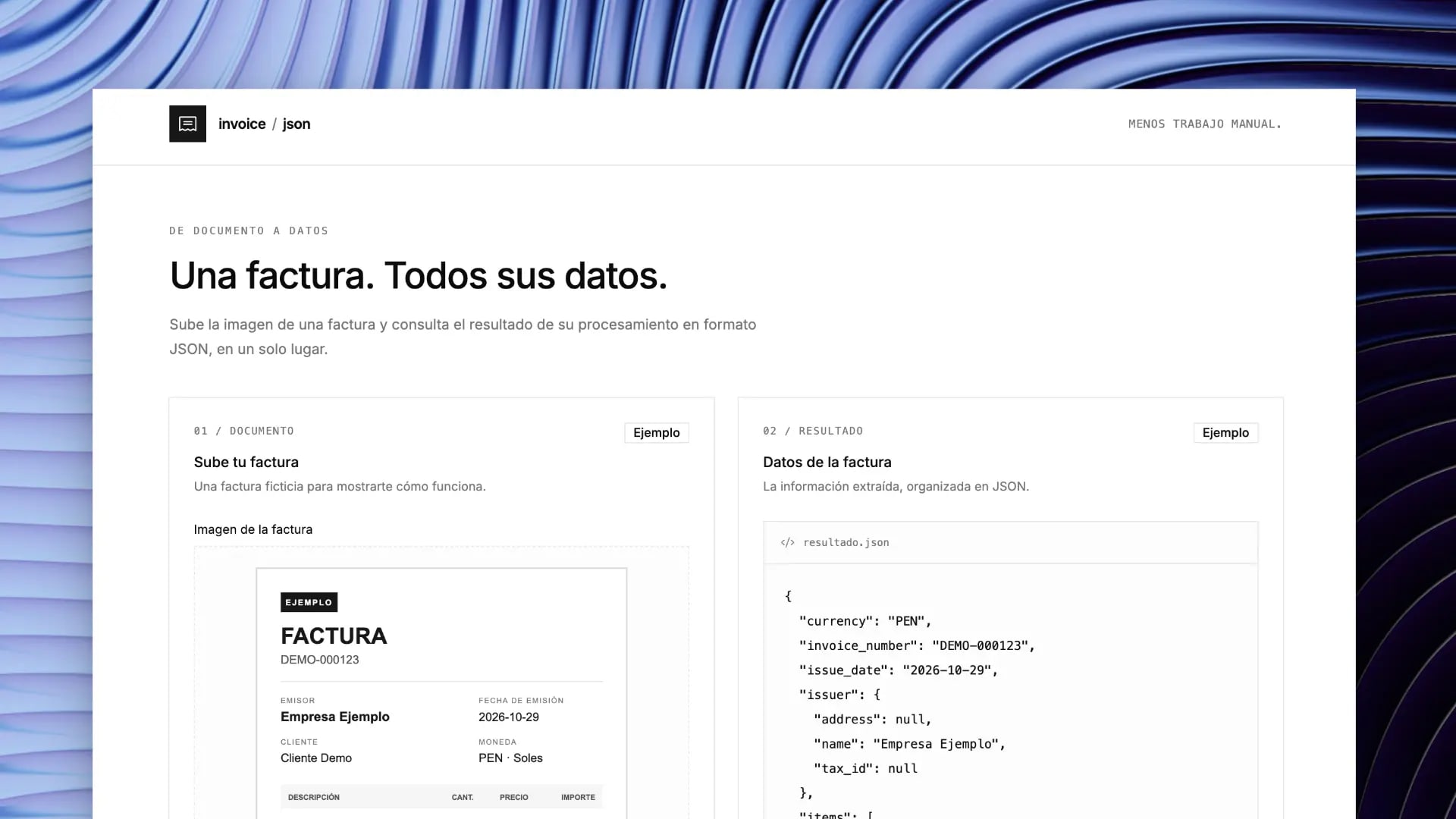 Interfaz de invoice-to-json con una factura ficticia y su JSON de ejemplo en dos columnas