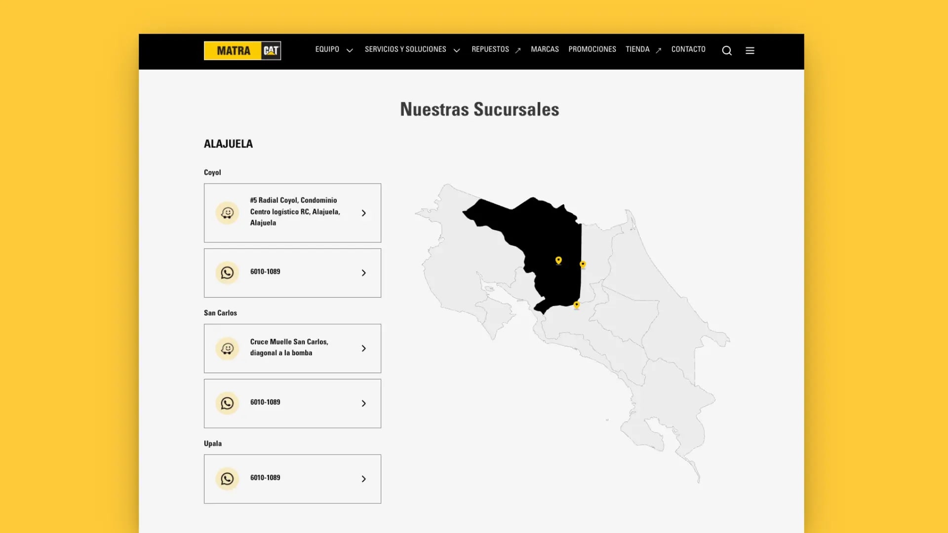 Branch locator listing offices by province next to a map of Costa Rica