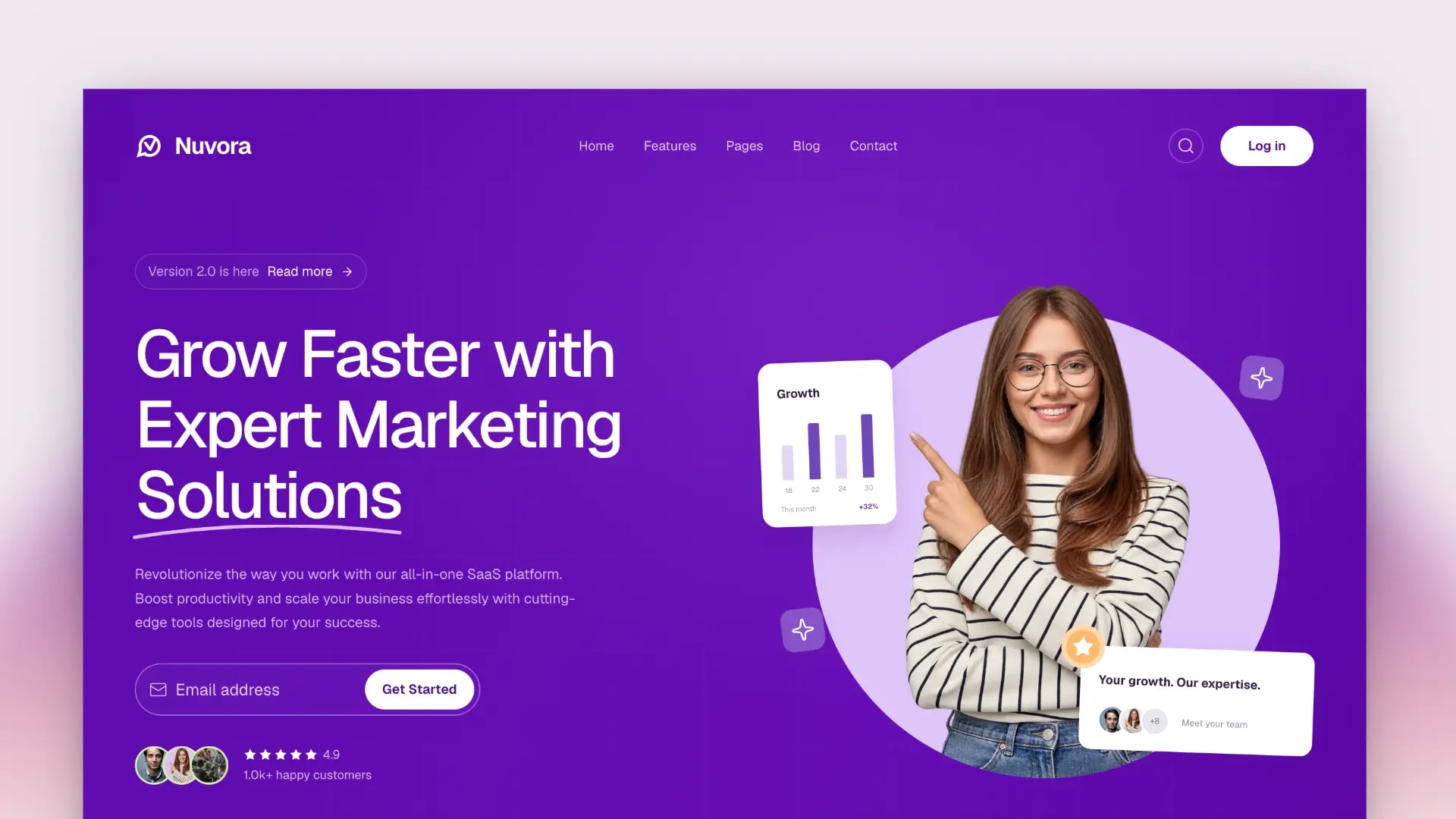 Purple Nuvora hero with a marketing headline, an email form, and a woman beside growth cards
