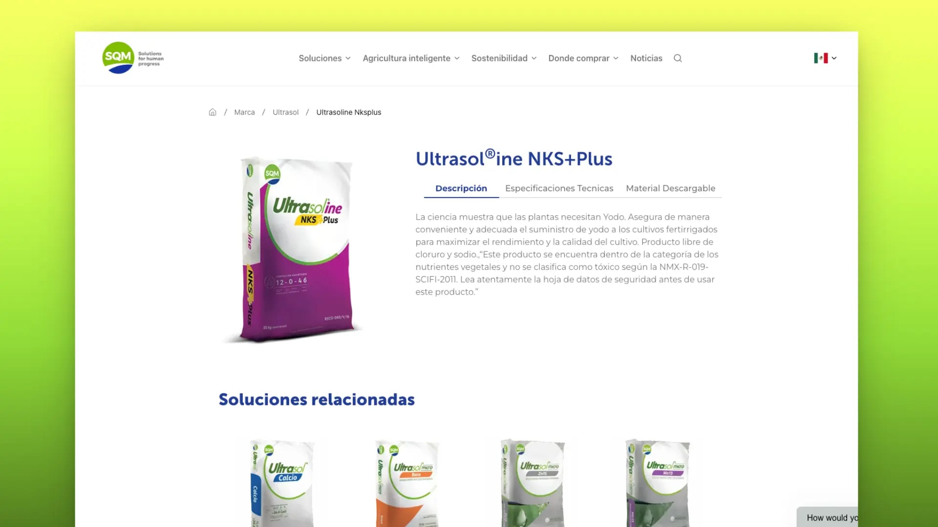 Ficha de un fertilizante con pestañas de descripción, especificaciones y material descargable