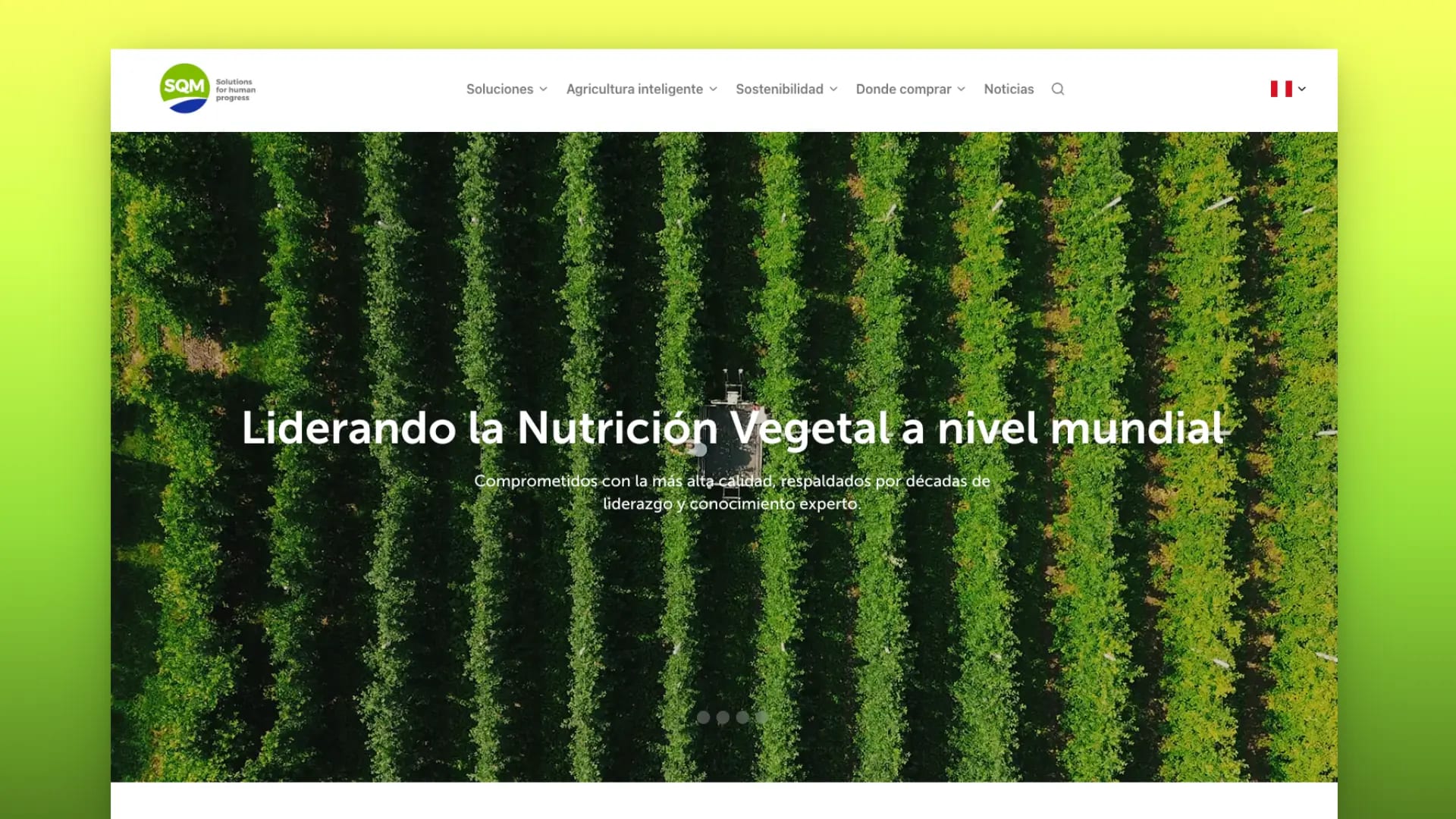 Portada del sitio con un cultivo visto desde el aire y el selector de mercado en la cabecera