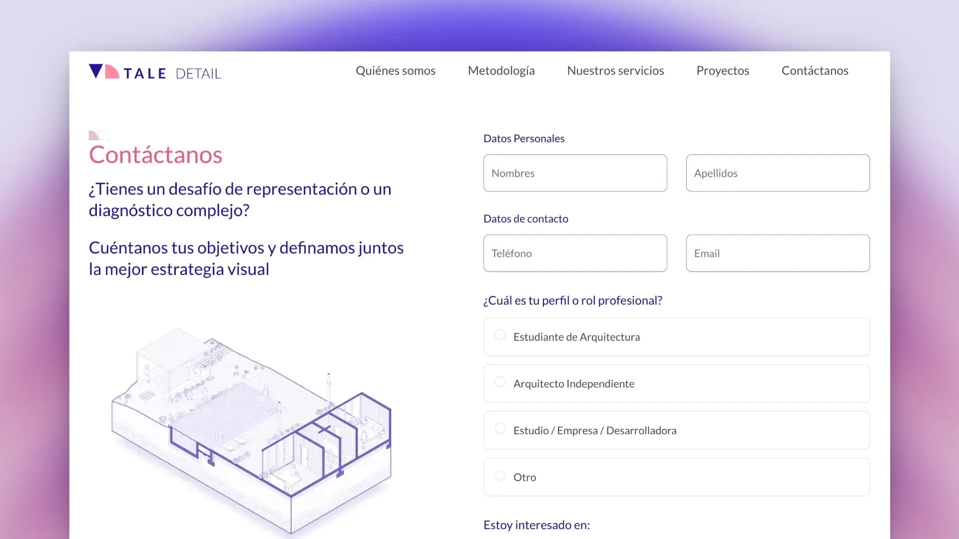 Formulario de contacto que pregunta por el perfil profesional y el interés del visitante