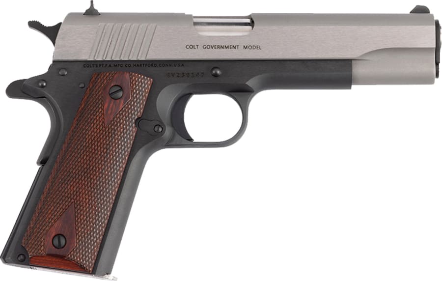 Colt Govt 1911 Classic Two Tone 45 Auto Pistol, 7+1 rd, 5" barrel, Blue/Stainless Steel