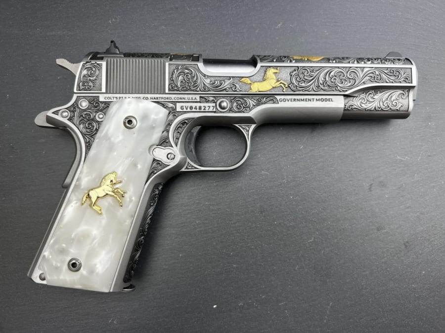 Colt Government 1911 Master Scroll 45 Auto Pistol, 7+1 rd, 5" barrel, Stainless Steel