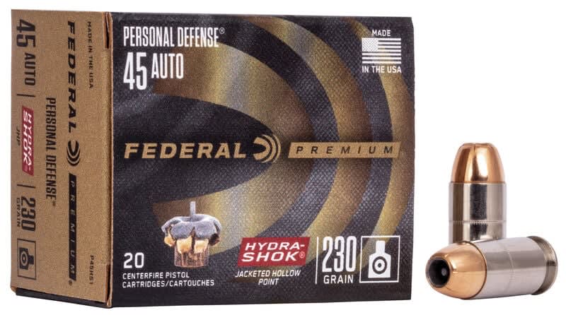 Federal 45 Auto, 230 gr Hydra-Shok Jacketed Hollow Pnt, 20 rounds