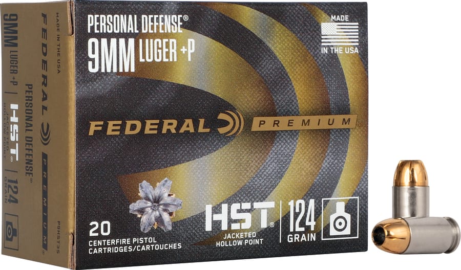 Federal 9mm Luger, 124 gr HST Jacketed Hollow Point, 20 rounds (Model P9HST3S)