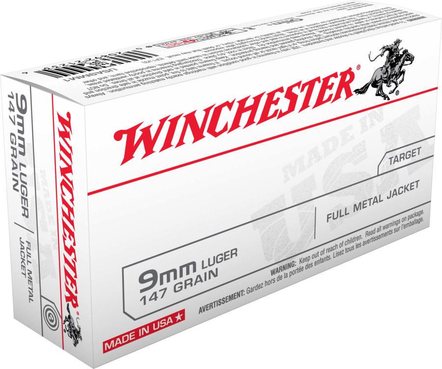 Winchester USA 9mm Luger, 147 gr Full Metal Jacket Flat Nose, 50 rounds