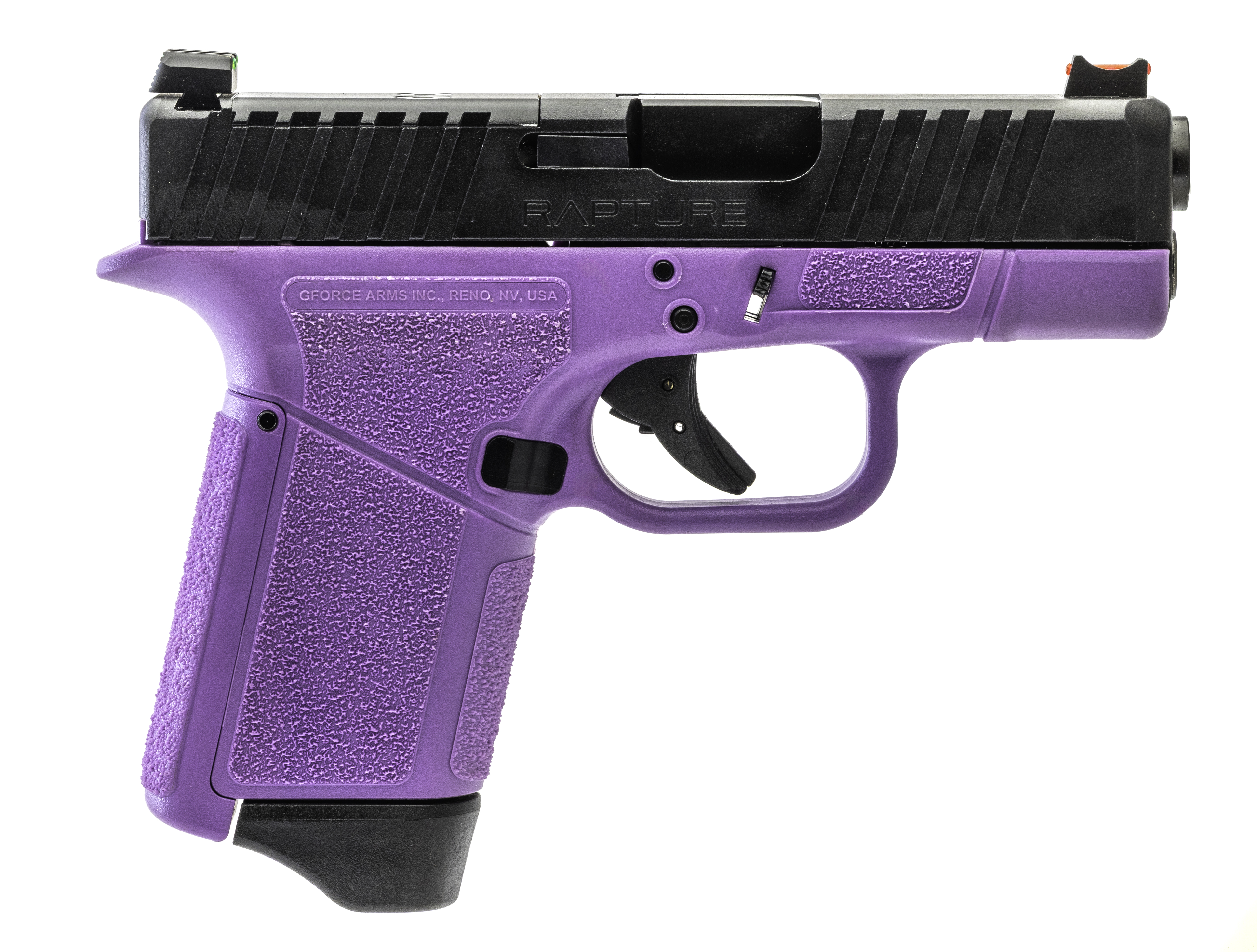 Gforce Arms GF932512PUB Rapture Sub-Compact Frame 9mm Luger 12+1 3.25" Black Steel Barrel, Black Optic Cut/Serrated Steel Slide, Purple Cerakote Polymer Frame