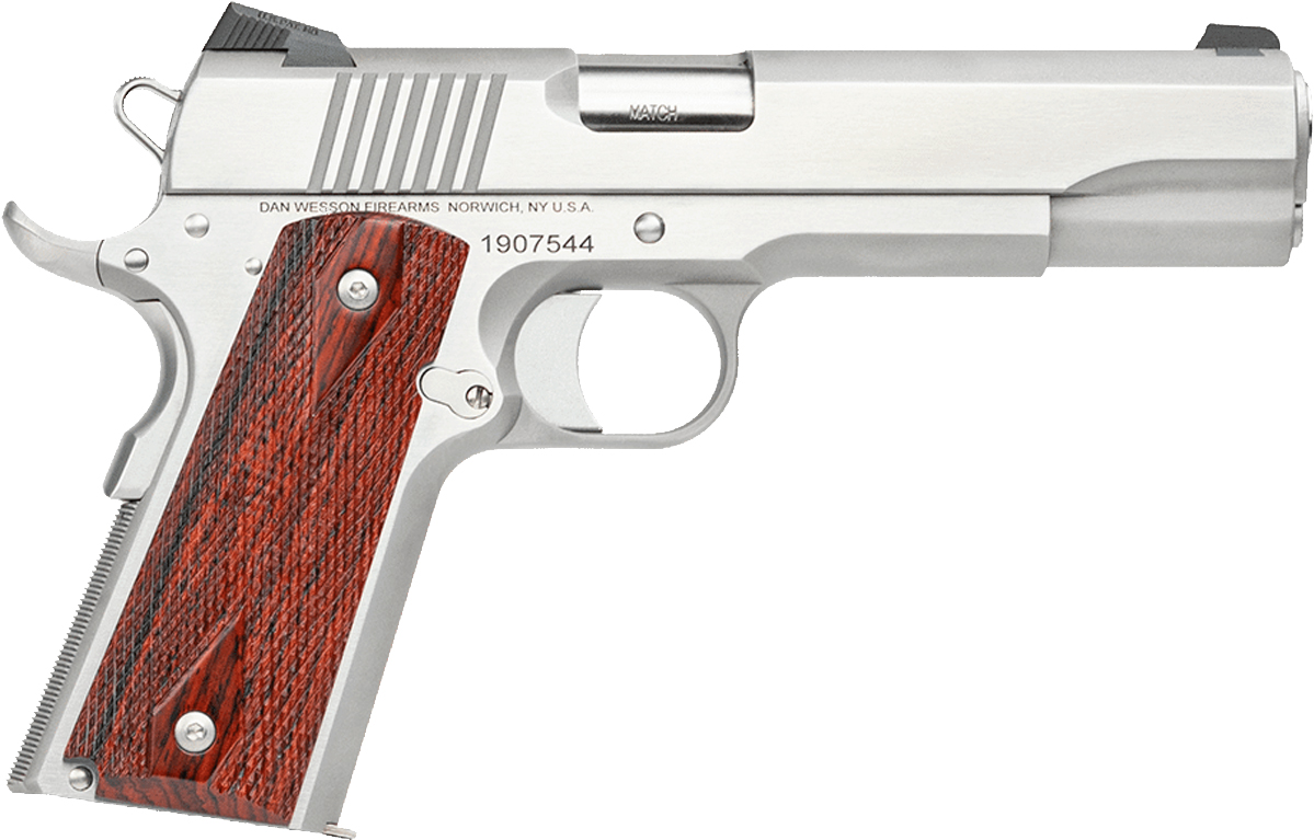 Dan Wesson 01889 Razorback  10mm Auto Caliber with 5" Match Grade Barrel, 8+1 Capacity, Overall Stainless Steel Finish, Beavertail Frame, Serrated Brushed Slide & Cocobolo Grip