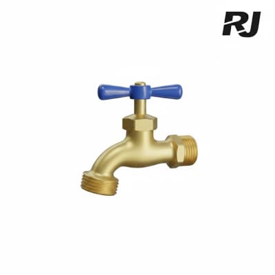 llave de chorro de rosca metal dorado agarradera azul