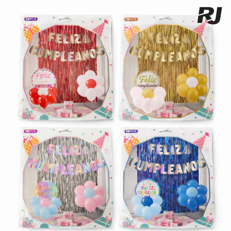 16pcs set c/cortina,bomba,feliz cumpleanos