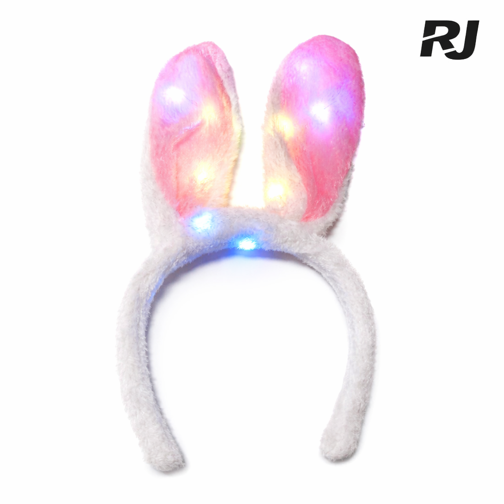 Diadema c/luz oreja conejo tala peluda rosada y blanca