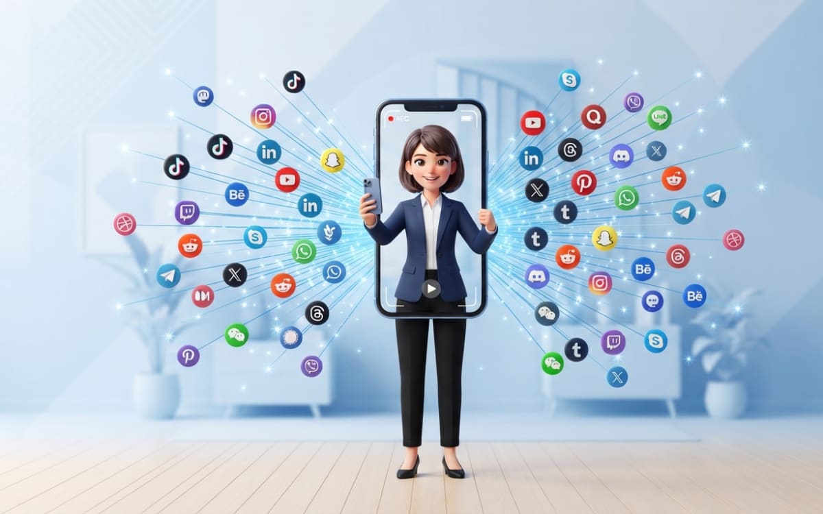 3D illustration of a business owner recording a smartphone video with social media icons spreading outward to 30+ platforms