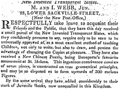 Advertisement for tangrams from Freeman's Journal, 19 June 1817
