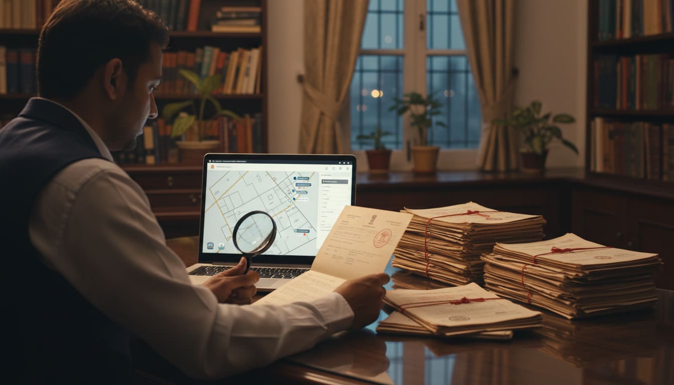 A lawyer comparing a digital portal dashboard against physical property deeds.