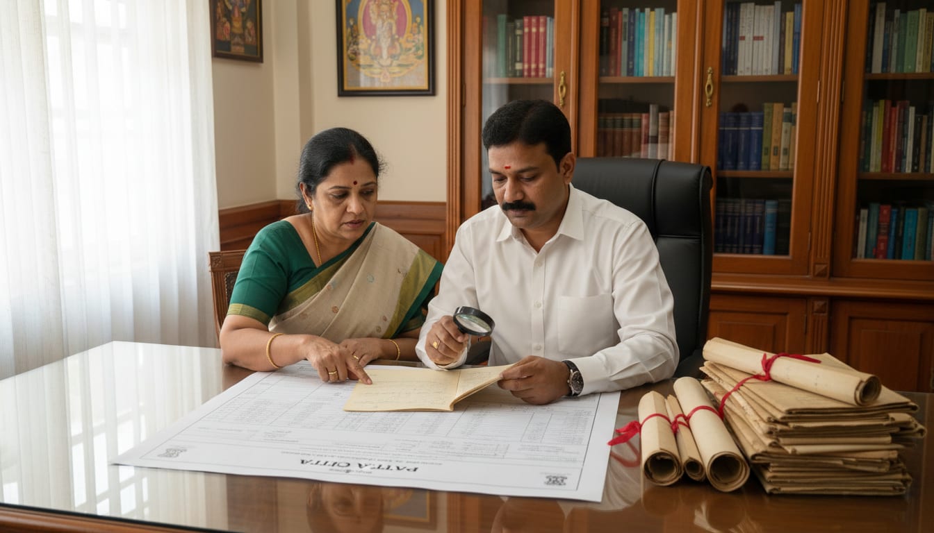 A buyer and advocate reviewing a Patta Chitta printout at a Guindy office.