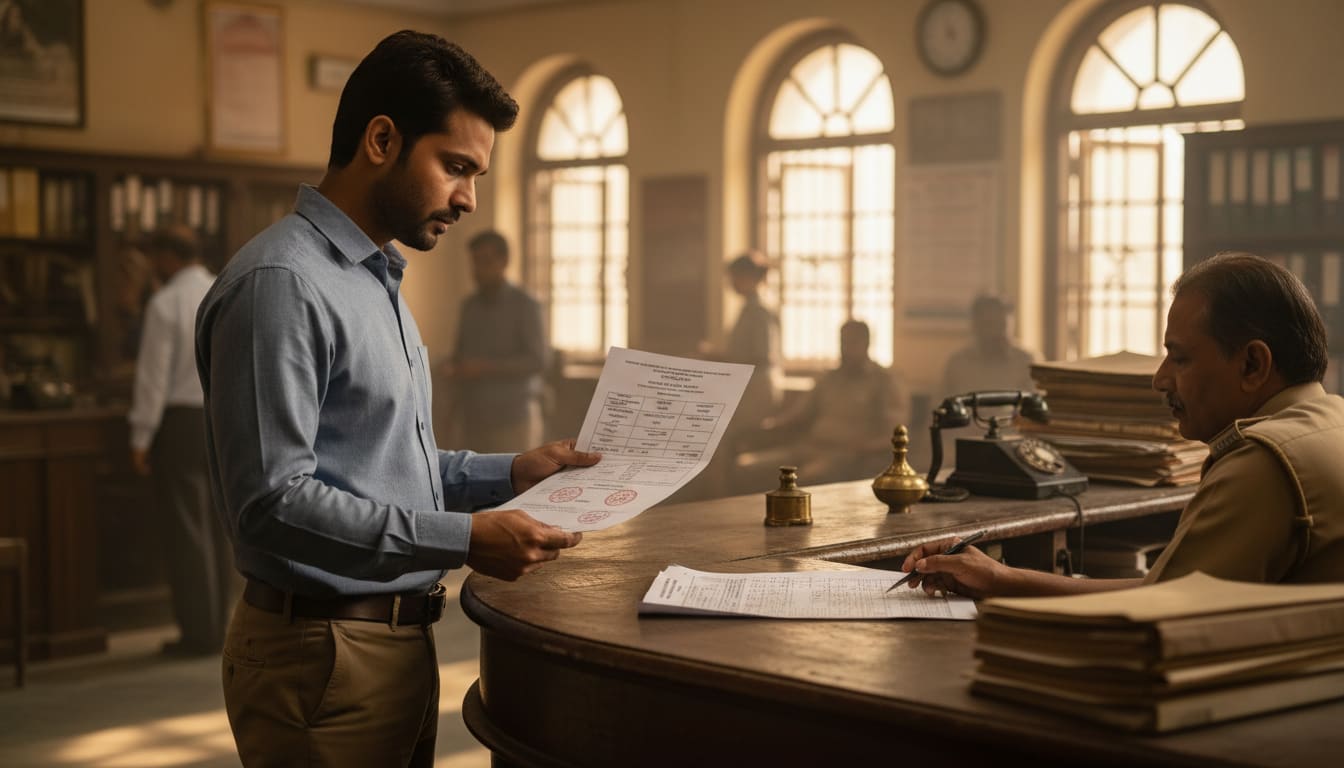 A buyer comparing two land record documents at a sub-registrar office counter.