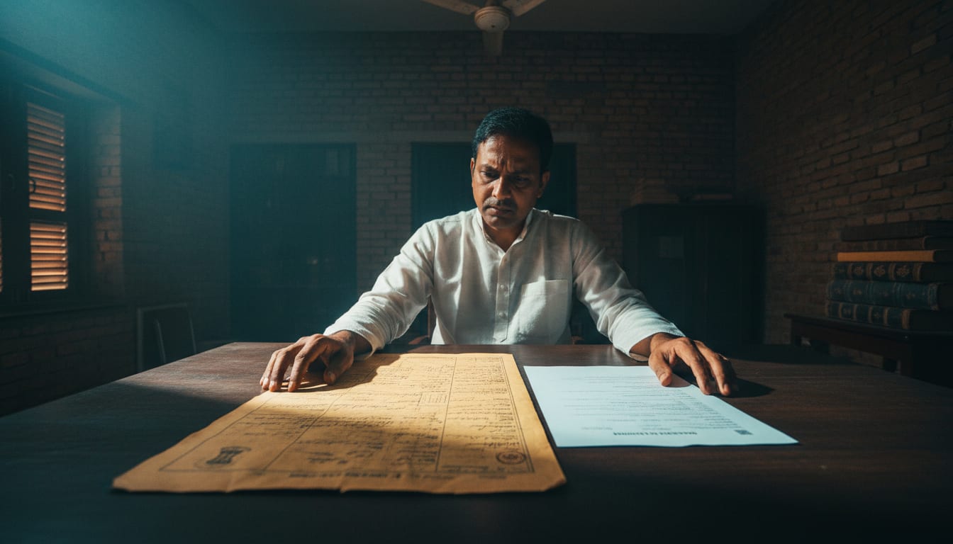 A buyer comparing a faded Cadastral Survey map with a digital Apna Khata printout.