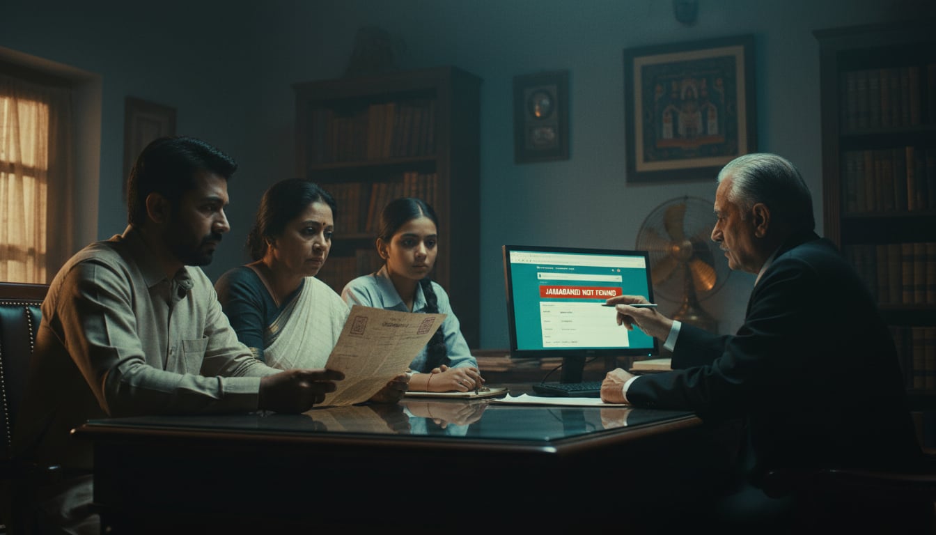A buyer comparing a forged paper Lagaan receipt with a blank Bihar Bhumi portal screen.