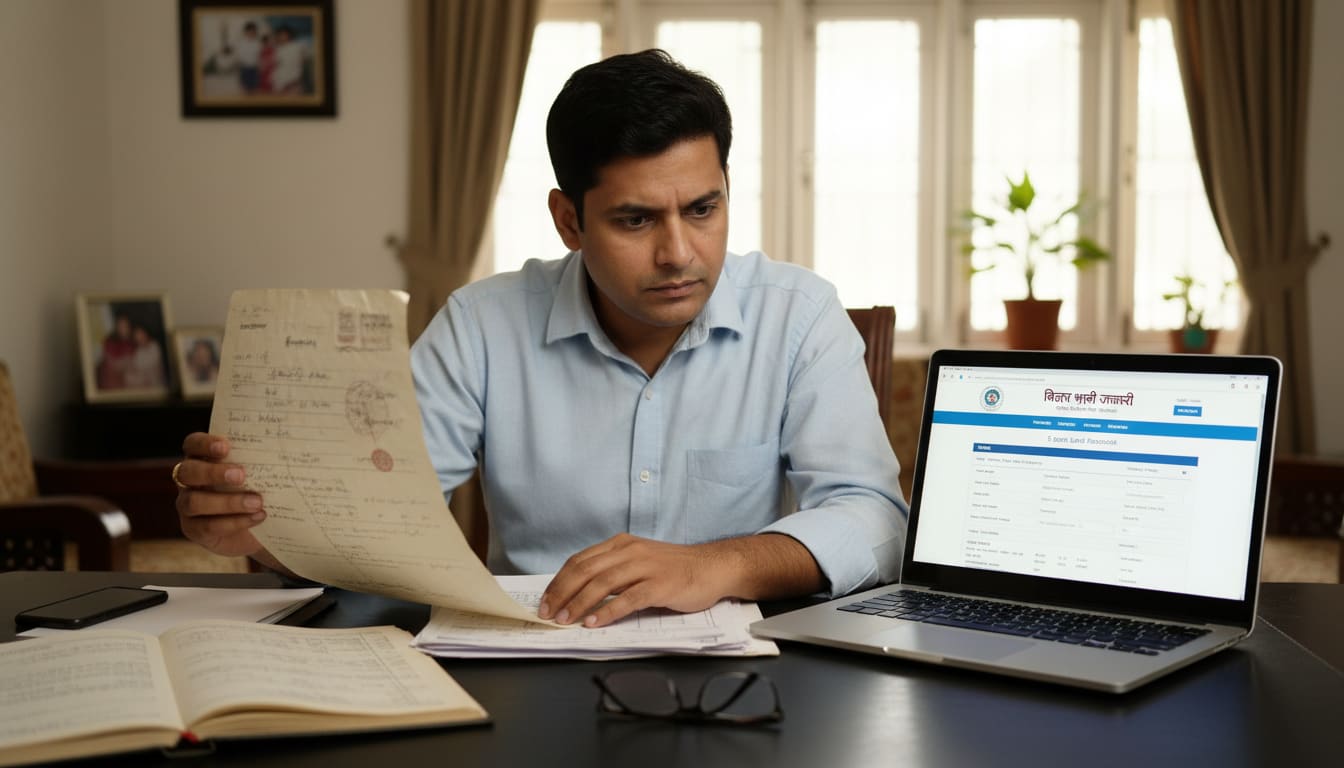 A buyer cross-referencing a physical Kewala with the Bhumijankari portal.