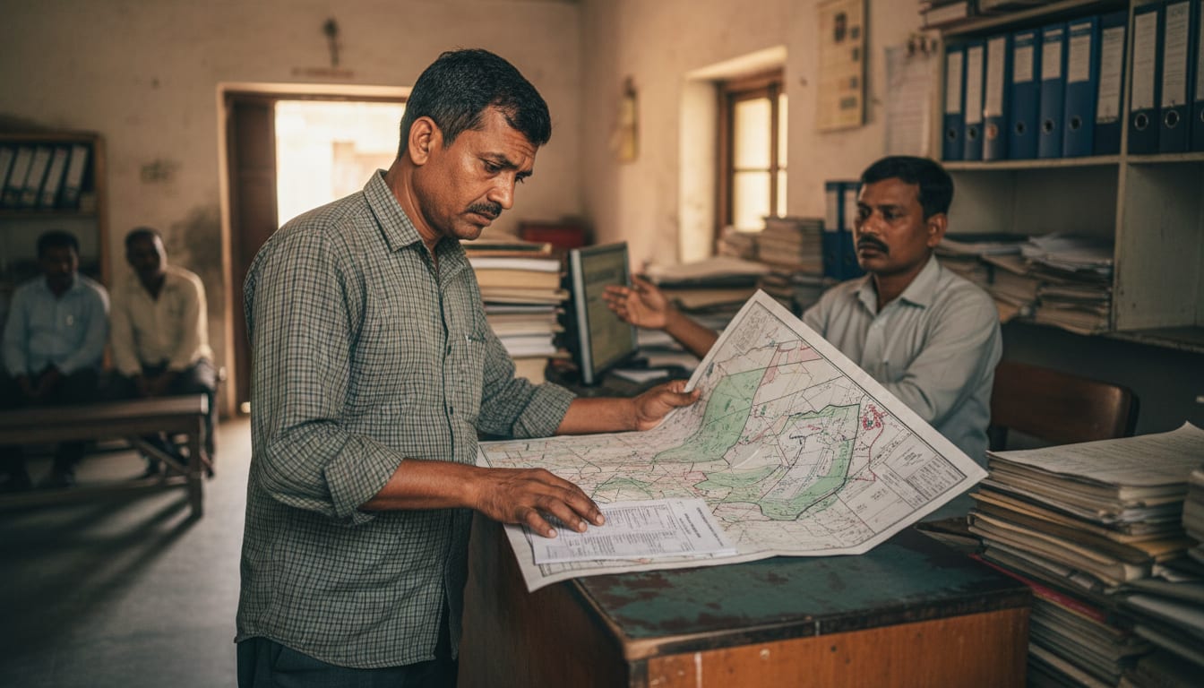 A buyer cross-referencing a physical Bhu Naksha map with a digital Jamabandi printout.