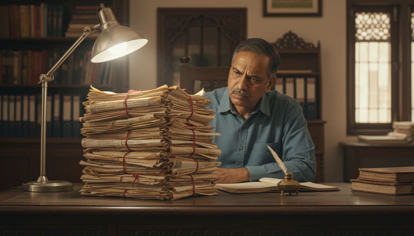 A buyer comparing faded property documents at a wooden desk.