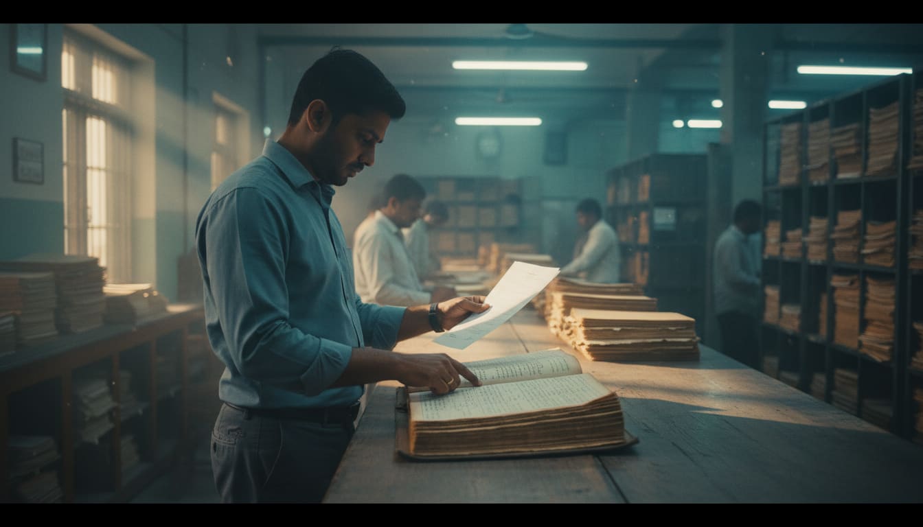 A worried buyer comparing a pristine forged deed against archival records.
