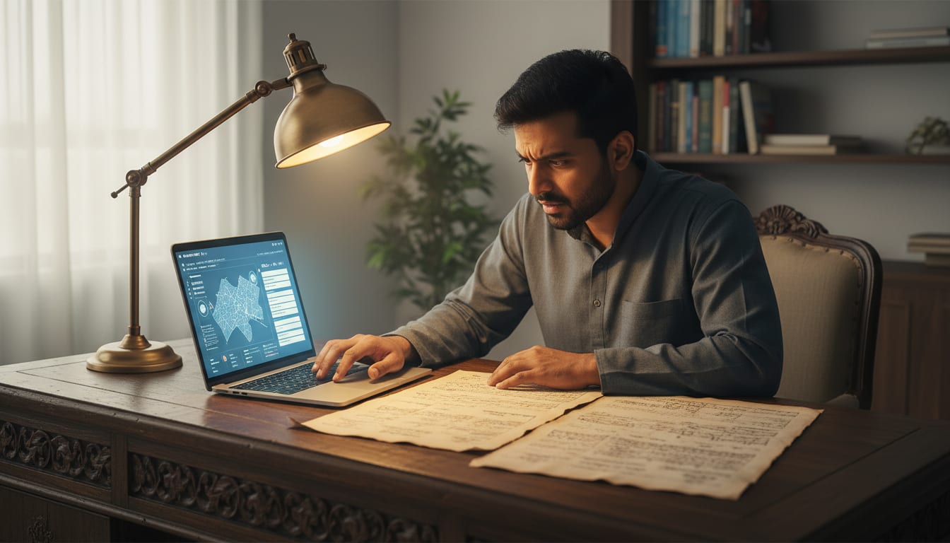 A worried buyer comparing a forged sale deed against digital Sub-Registrar records.