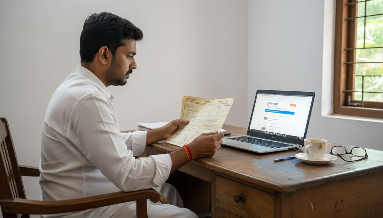 A buyer cross-checking a faded Kewala against the Bihar Bhumi portal.