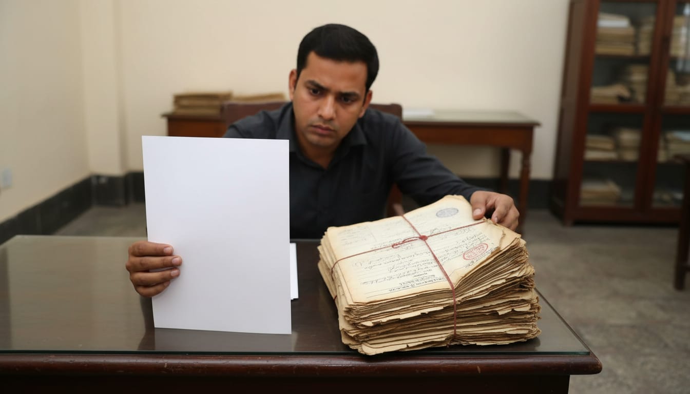 A worried buyer comparing a pristine fake Khatian with faded original records.