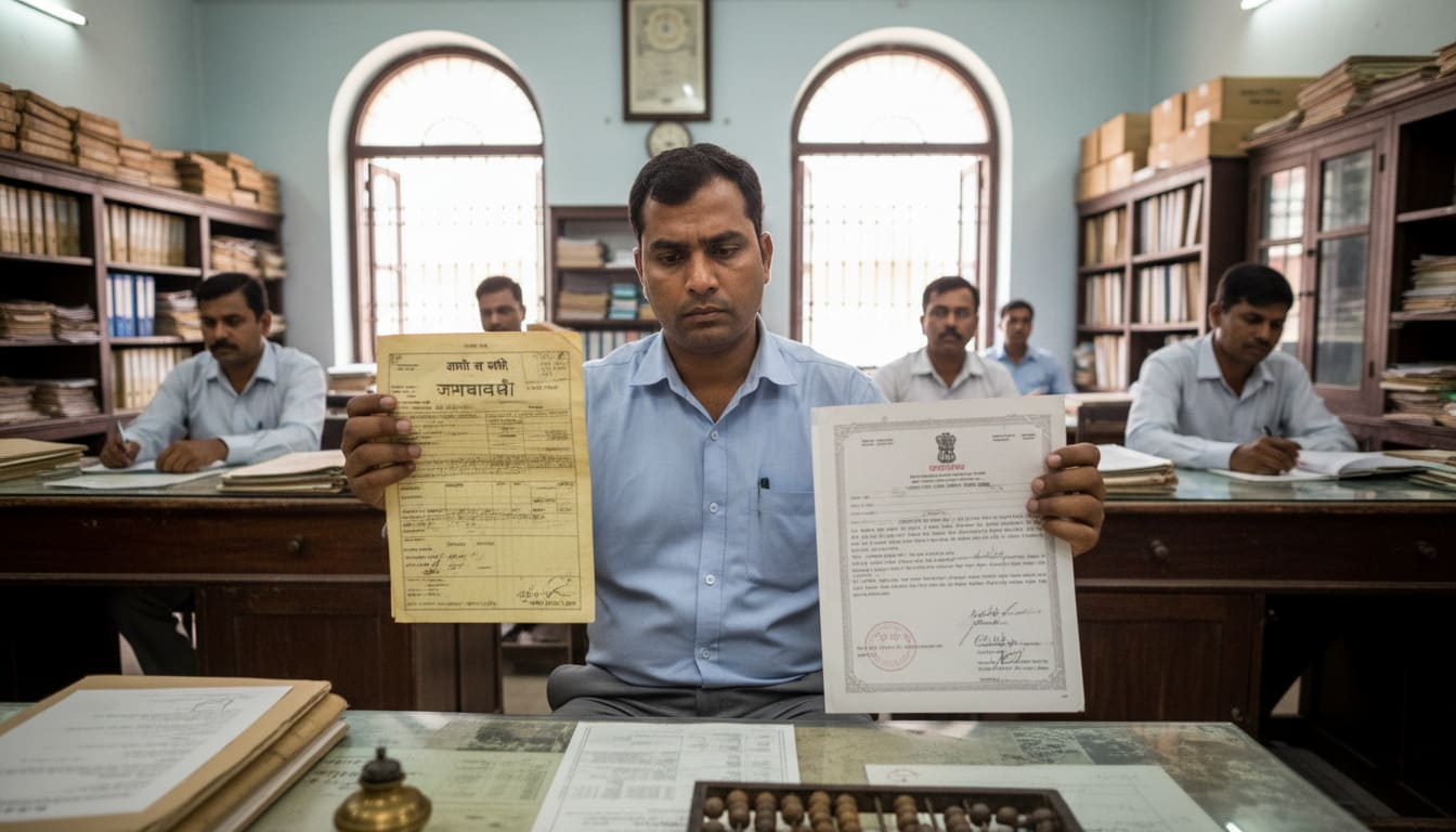 A buyer comparing a Jamabandi printout with a registered Kewala.