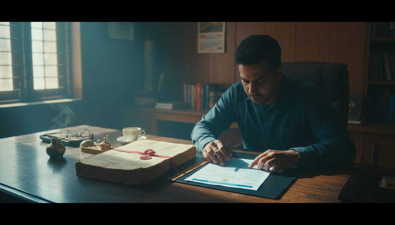 A buyer carefully comparing a registered sale deed against a digital Record of Rights printout.