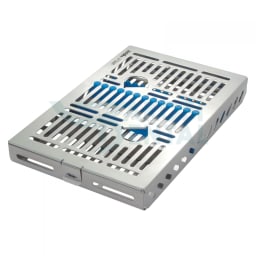 DIN Cassette for 14 instruments, blue Dimensions: 290x184x34mm + extra space, incl. divide plate, stainless steel