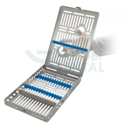 DIN Cassette for 14 instruments, blue Dimensions: 290x184x34mm + extra space, incl. divide plate, stainless steel