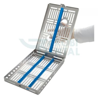 DIN Cassette for 21 instruments, green, Dimensions: 290x184x34mm, stainless steel