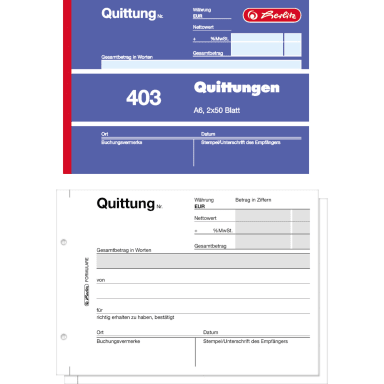 Herlitz receipt pad 403 A6 landscape carbon paper 2x50 sheets