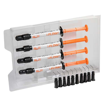 i-FLOWN Nano Flow Composiet – i-dental Light, 4 x 2g Spuiten, 10 Applicatietips, Tinten 2 x A2/A3