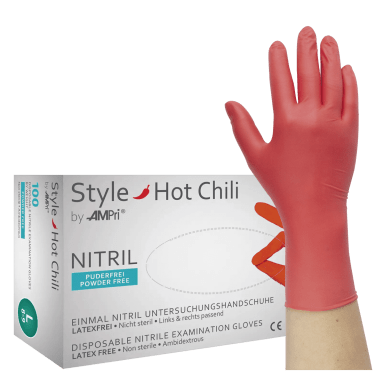 Style Hot Chili - Nitrilhandschuhe rot, puderfrei - M (100 Stück)
