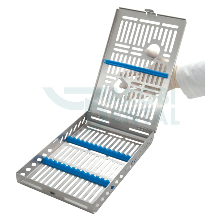 DIN Cassette for 14 instruments, red, Dimensions: 290x184x34mm, stainless steel