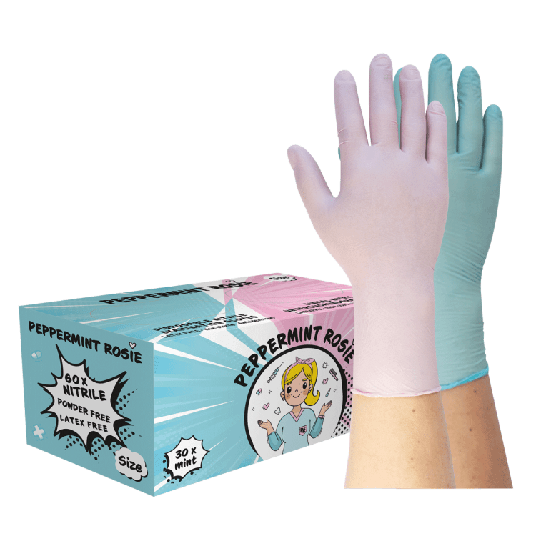 Peppermint Rosie - Nitrilhandschuhe, Farbmix Mint/Rosa, puderfrei - M (60 Stück)