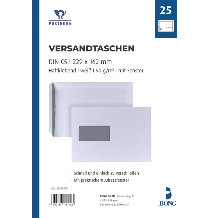 Posthorn mailing bag C5 with window peel & seal 25 pieces white