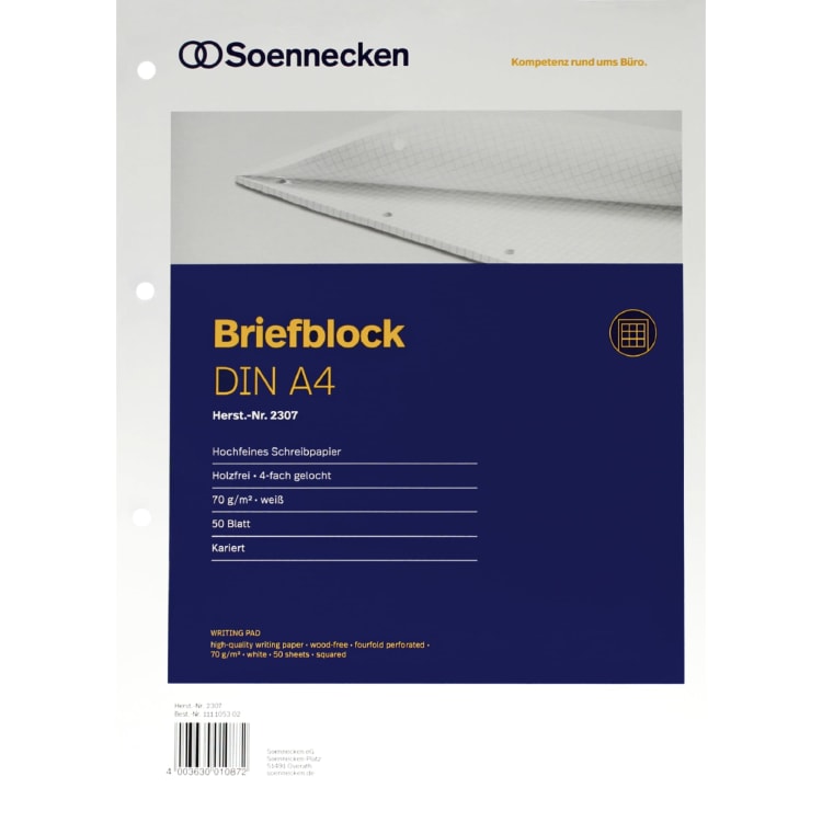 Soennecken writing pad A4 punched squared 50 sheets white