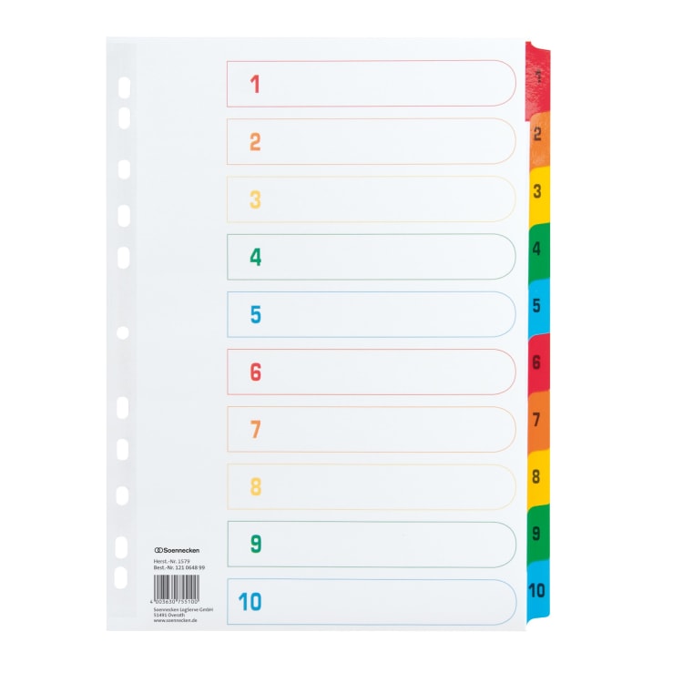 Soennecken index divider set A4 1-10 full height cardboard coloured
