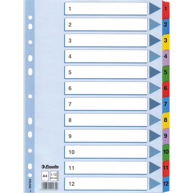 Esselte index divider set 1-12 A4 Mylar white